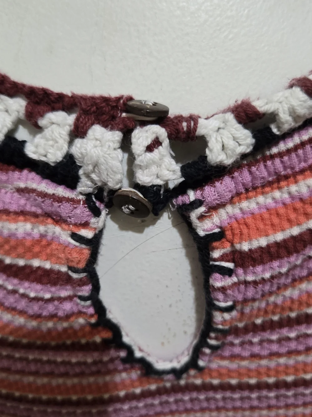 Free People XS Striped Crochet Trim Sweater Top Pink Orange Boho Long Sleeve